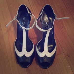 Aldo t-strap black and white heels
